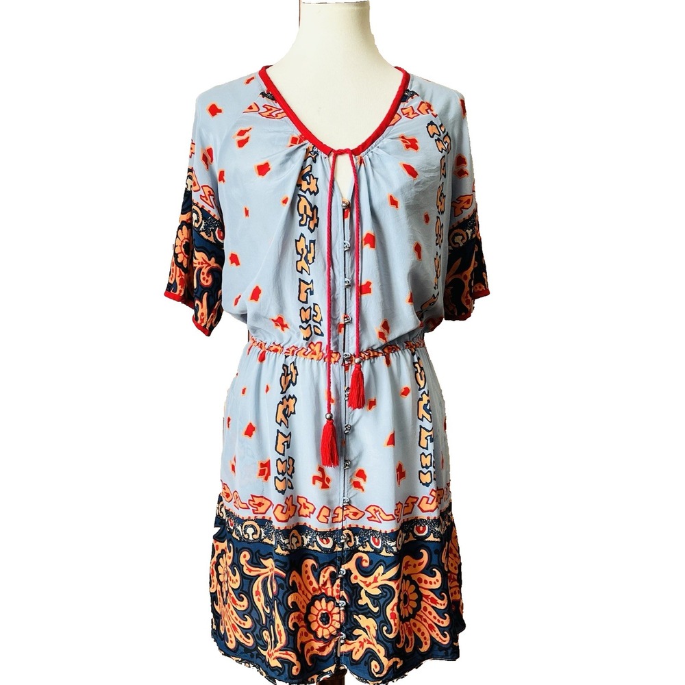 Plenty by Tracy Reese Silk‎ Tassel Blue & Red Boho Print Mini Dress Size P